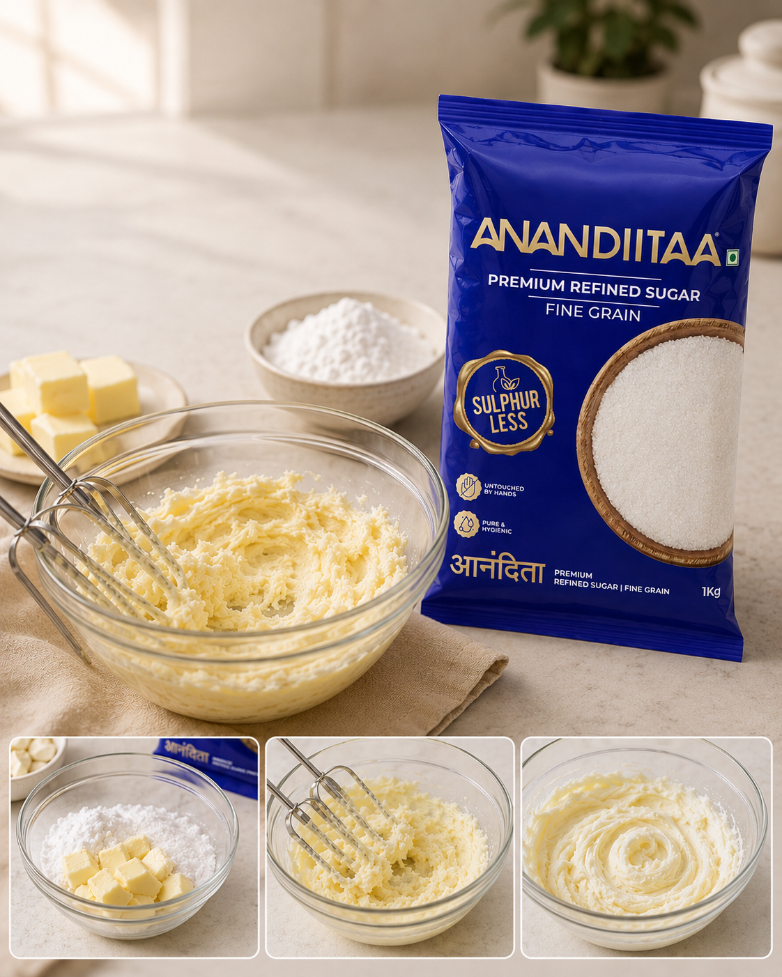 Cream the butter and Anandiitaa Sugar
