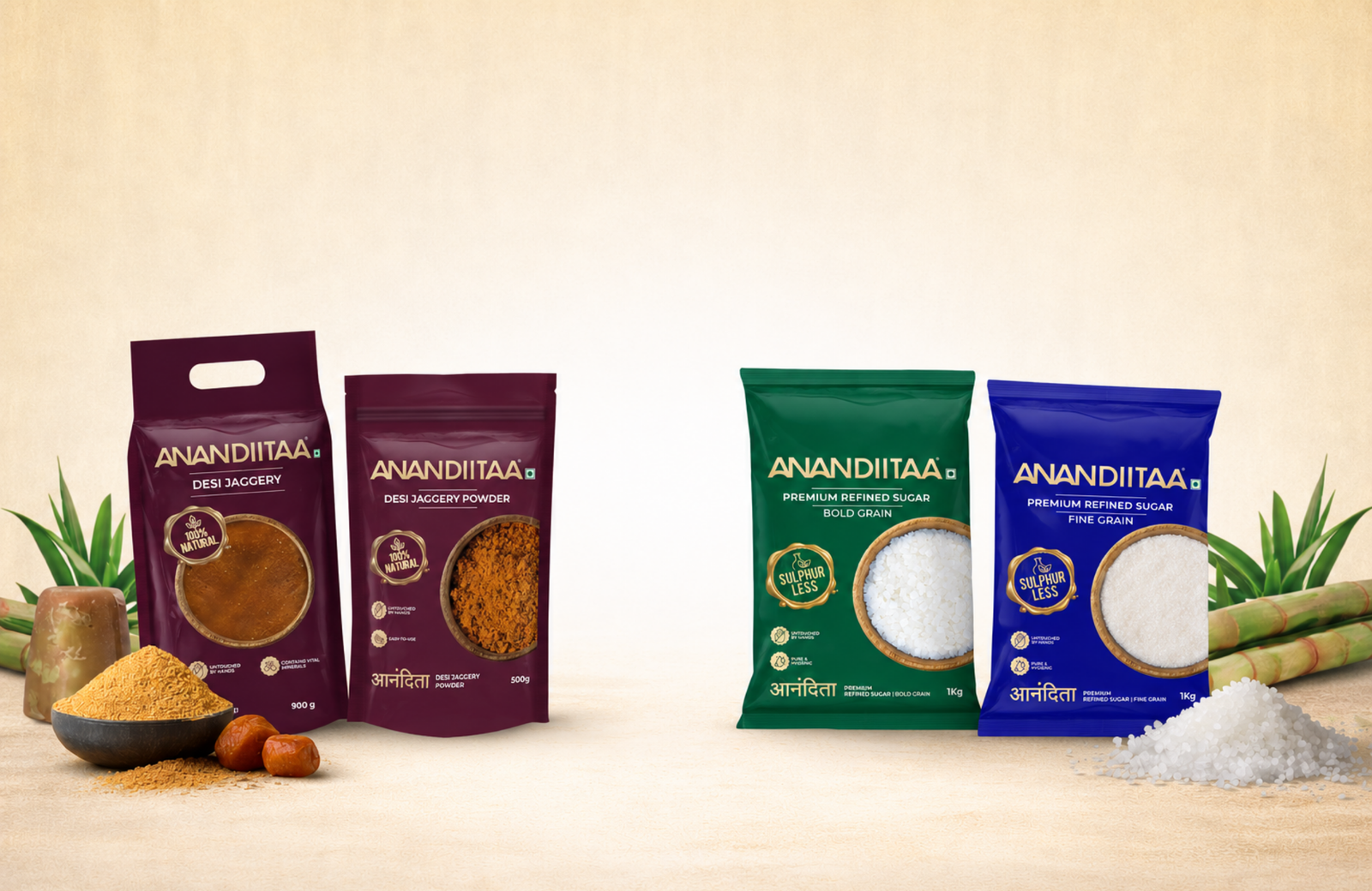 Anandiitaa product range — Desi Jaggery, Jaggery Powder, Bold Grain Sugar, Fine Grain Sugar